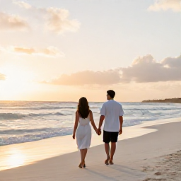 Caribbean Holidays, Aruba Honeymoons, Couple walking hand in hand along a quiet white-sand beach in Aruba at sunset, gentle waves and warm golden light