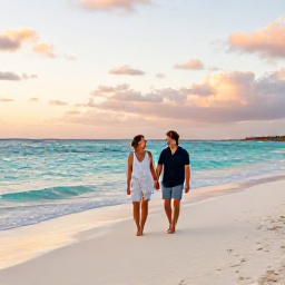 Caribbean Holidays, Aruba Honeymoons, Couple walking hand in hand along a quiet white sandy beach in Aruba at sunset, turquoise sea and gentle trade winds