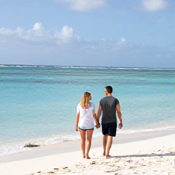 Caribbean Holidays, Aruba Honeymoons, Couple walking hand in hand along a sunlit white-sand beach in Aruba, calm turquoise sea and gentle trade winds