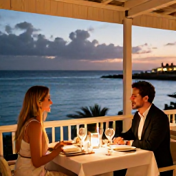 Caribbean Holidays, Aruba Honeymoons, Elegant honeymoon dinner for two at an open-air restaurant overlooking the Caribbean Sea in Aruba at dusk