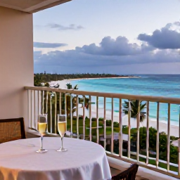 Caribbean Holidays, Aruba Honeymoons, Elegant honeymoon suite balcony overlooking Aruba beach at dusk, soft lighting, champagne glasses and tropical sea view