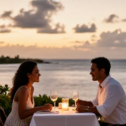 Caribbean Holidays, Aruba Honeymoons, Elegant outdoor dinner for two at a Caribbean restaurant in Aruba during sunset