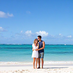 Caribbean Holidays, Aruba Honeymoons, Happy honeymoon couple beside the sea in Aruba, bright blue sky, white sand and relaxed tropical setting