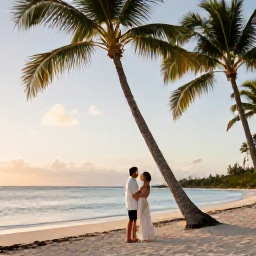 Caribbean Holidays, Aruba Honeymoons, Happy newlywed couple beside a palm-fringed Aruba beach with warm evening light