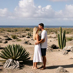 Caribbean Holidays, Aruba Honeymoons, Honeymoon couple exploring Arikok National Park in Aruba, rugged desert landscape, cacti and dramatic coastal scenery