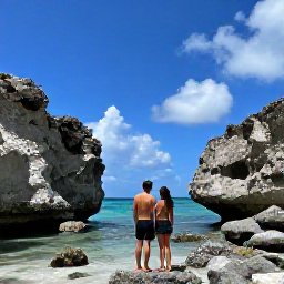 Caribbean Holidays, Aruba Honeymoons, Honeymoon couple exploring Aruba's rugged coastline near natural rock formations under a bright blue sky