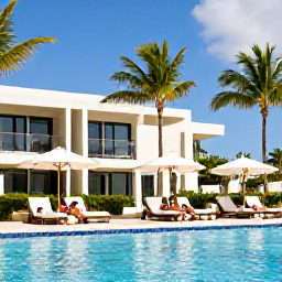 Caribbean Holidays, Aruba Honeymoons, Modern beachfront resort in Aruba with palm trees, swimming pool and couples relaxing beneath umbrellas