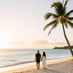 Caribbean Holidays, Aruba Honeymoons, Newly married couple walking hand in hand along Palm Beach at sunset in Aruba, calm turquoise sea and soft golden light
