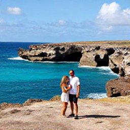 Caribbean Holidays, Aruba Honeymoons, Newlywed couple exploring Aruba&rsquo;s rugged coastline near natural rock formations, bright blue sea and dry island landscape
