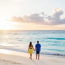 Caribbean Holidays, Aruba Honeymoons, Newlywed couple walking beside a calm turquoise sea on an Aruba beach at sunrise