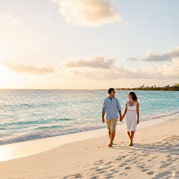 Caribbean Holidays, Aruba Honeymoons, Newlywed couple walking hand in hand along a quiet white-sand beach in Aruba at sunset, calm turquoise sea and warm golden light