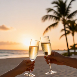 Caribbean Holidays, Aruba Honeymoons, Romantic Aruba beach at sunset with two glasses of sparkling wine, soft golden light and palm trees