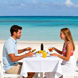 Caribbean Holidays, Aruba Honeymoons, Romantic beachfront breakfast for two in Aruba, white tablecloth, fresh tropical fruit and calm blue sea