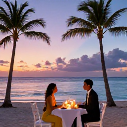 Caribbean Holidays, Aruba Honeymoons, Romantic beachfront dinner for two in Aruba, candlelit table, palm trees and a colourful sunset over the Caribbean Sea