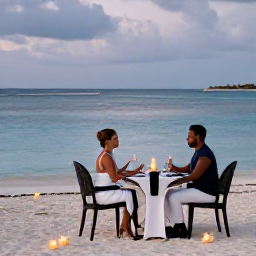 Caribbean Holidays, Aruba Honeymoons, Romantic beachfront dinner for two in Aruba, candlelit table, white sand, calm ocean and evening sky