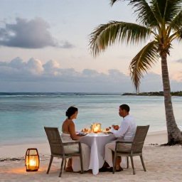 Caribbean Holidays, Aruba Honeymoons, Romantic beachfront dinner for two in Aruba, lanterns on a table, palm trees and calm Caribbean Sea in the background