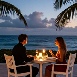 Caribbean Holidays, Aruba Honeymoons, Romantic outdoor dinner for two at an Aruba seaside restaurant, softly lit table, tropical evening and ocean view