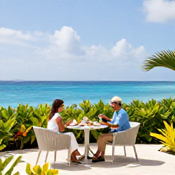 Caribbean Holidays, Aruba Honeymoons, Stylish Aruba resort terrace with a couple enjoying breakfast, tropical plants and blue Caribbean sea in the background