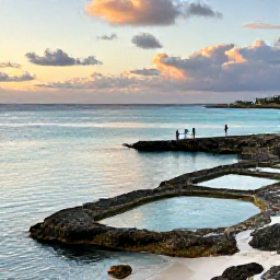 Caribbean Holidays, Aruba in April, Aruba coastline at April sunset with calm turquoise water, natural rock pools and a small group of visitors exploring safely