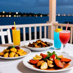Caribbean Holidays, Aruba in April, Aruban restaurant table in the evening with seafood, keshi yena, plantains and tropical drinks, showing local island dining