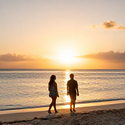 Caribbean Holidays, Aruba in April, Couple walking along an Aruban beach at sunset in April, with calm sea, golden light and a relaxed Caribbean atmosphere
