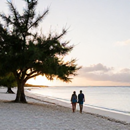 Caribbean Holidays, Aruba in April, Couple walking along Eagle Beach in Aruba at sunset, with white sand, calm water and distinctive fofoti trees