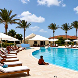 Caribbean Holidays, Aruba in April, Elegant all-inclusive resort in Aruba with a swimming pool, palm trees, loungers and guests enjoying a sunny April afternoon