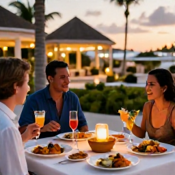 Caribbean Holidays, Aruba in April, Outdoor dinner at an Aruba resort with Caribbean dishes, tropical drinks and warm evening lighting