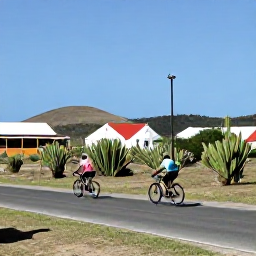 Caribbean Holidays, Aruba in April, Visitors cycling through Aruba countryside in April, passing cacti, low hills and traditional island buildings under clear skies