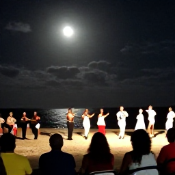Caribbean Holidays, Aruba in August, Cultural evening in Aruba with traditional music, dancing and visitors watching beside a moonlit Caribbean beach
