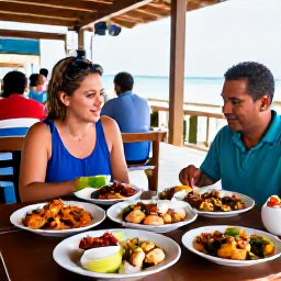 Caribbean Holidays, Aruba in August, Traditional Aruban food served at a casual open-air restaurant, including seafood, keshi yena and local side dishes