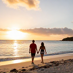Caribbean Holidays, Aruba in December, Couple walking hand in hand along Eagle Beach in Aruba at sunset, warm December light and calm Caribbean Sea