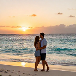 Caribbean Holidays, Aruba in December, Happy couple enjoying a December sunset in Aruba beside a calm turquoise sea
