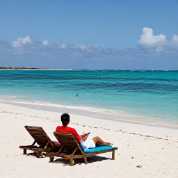 Caribbean Holidays, Aruba in December, Long white sandy beach with turquoise water, sun loungers and a couple relaxing in Aruba