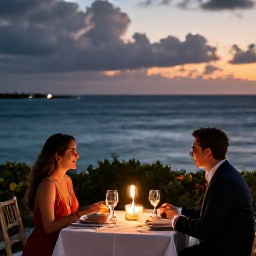 Caribbean Holidays, Aruba in December, Romantic outdoor dinner for two beside the Caribbean Sea in Aruba, candles and warm evening light
