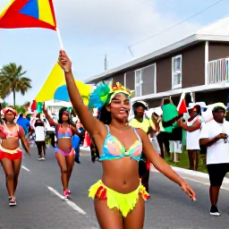 Caribbean Holidays, Aruba in February, A colourful Aruba carnival parade in February, with dancers in bright costumes, musicians, flags and smiling local spectators