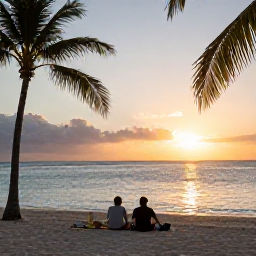 Caribbean Holidays, Aruba in February, A couple enjoying a peaceful February sunset on an Aruba beach, with warm light over the sea, palm silhouettes and a relaxed atmosphere