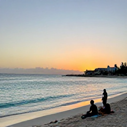 Caribbean Holidays, Aruba in February, Aruba beach at sunset with calm turquoise water, pale sand and a few relaxed visitors after a day of cultural sightseeing