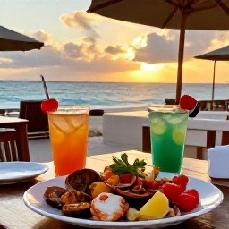 Caribbean Holidays, Aruba in February, Aruban beach restaurant at sunset with fresh seafood, tropical drinks, warm evening light and a relaxed February holiday atmosphere