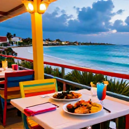 Caribbean Holidays, Aruba in February, Colourful luxury restaurant terrace in Aruba, serving fresh seafood and cocktails beside the sea at dusk
