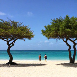 Caribbean Holidays, Aruba in February, Eagle Beach in Aruba during February, with soft white sand, turquoise sea, divi-divi trees and a couple walking along the shore