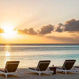 Caribbean Holidays, Aruba in February, Luxury beachfront resort in Aruba at sunset, with elegant loungers, calm turquoise sea and warm golden light