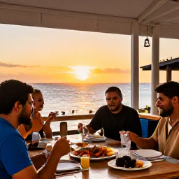 Caribbean Holidays, Aruba in February, Outdoor Caribbean restaurant in Aruba at sunset with local seafood dishes, friendly diners and warm evening light