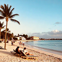 Caribbean Holidays, Aruba in February, Palm-fringed Eagle Beach in Aruba with calm clear water, sun loungers, soft sand and visitors enjoying a peaceful February morning
