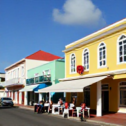 Caribbean Holidays, Aruba in February, Sunny Aruban street with colourful colonial buildings, outdoor caf&eacute; tables and visitors exploring Oranjestad during February