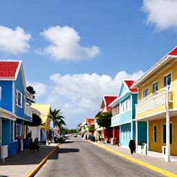 Caribbean Holidays, Aruba in February, Sunny Oranjestad street with colourful Dutch Caribbean buildings, palm trees and visitors exploring Aruba in February