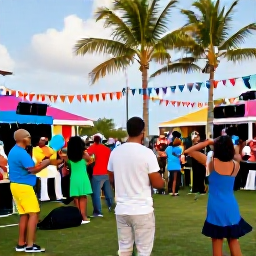 Caribbean Holidays, Aruba in February, Visitors and local families enjoying live music and dancing at an outdoor cultural festival in Aruba, with palm trees and colourful decorations