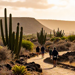 Caribbean Holidays, Aruba in February, Visitors walking through Arikok National Park in February, surrounded by cacti, dry hills, rocky paths and warm golden sunlight