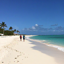 Caribbean Holidays, Aruba in February, White sandy beach at Eagle Beach in Aruba, with palm trees, turquoise water and a couple walking along the shore