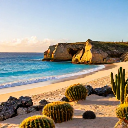 Caribbean Holidays, Aruba in January, A bright January morning on Aruba's rugged north coast, with turquoise sea, golden sand, cacti and dramatic rock formations